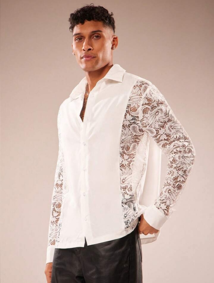 Men's Lace Hollow-Out Patchwork Long Sleeve Shirt